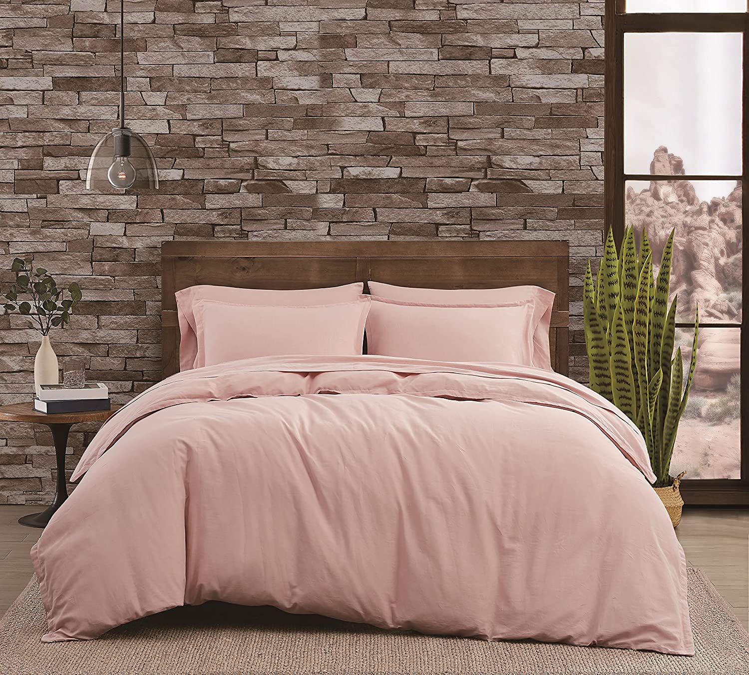3 Piece Queen Duvet and Sham Set Quick Drying, Breathable Cotton Linen Blend Blush