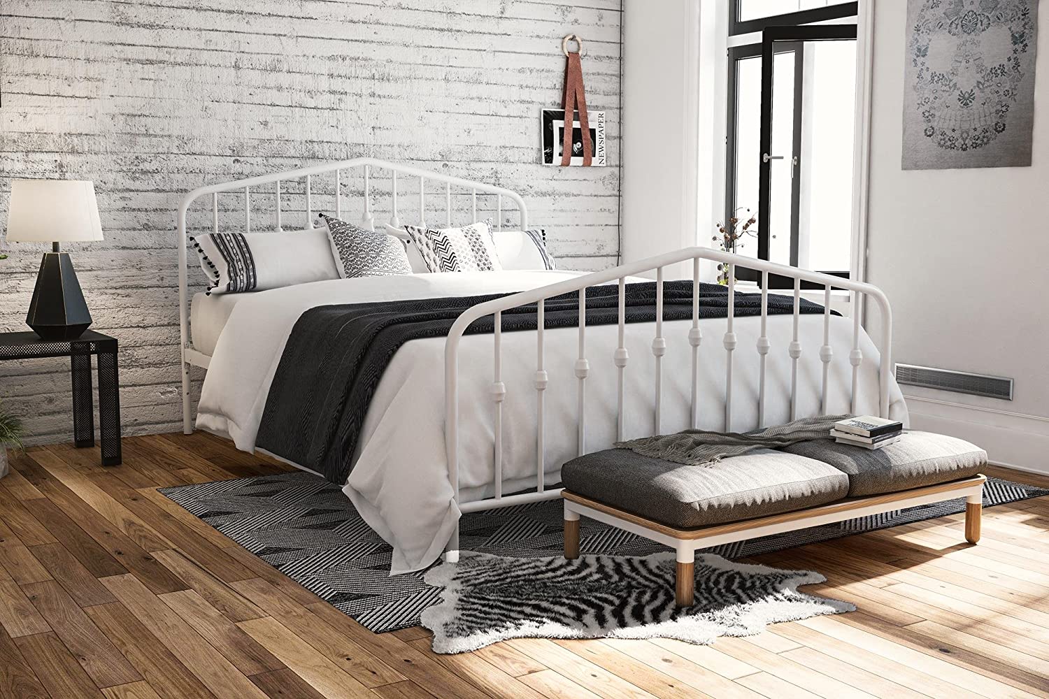Novogratz Bushwick Metal Bed with Headboard and Footboard | Modern Design | Queen Size - White