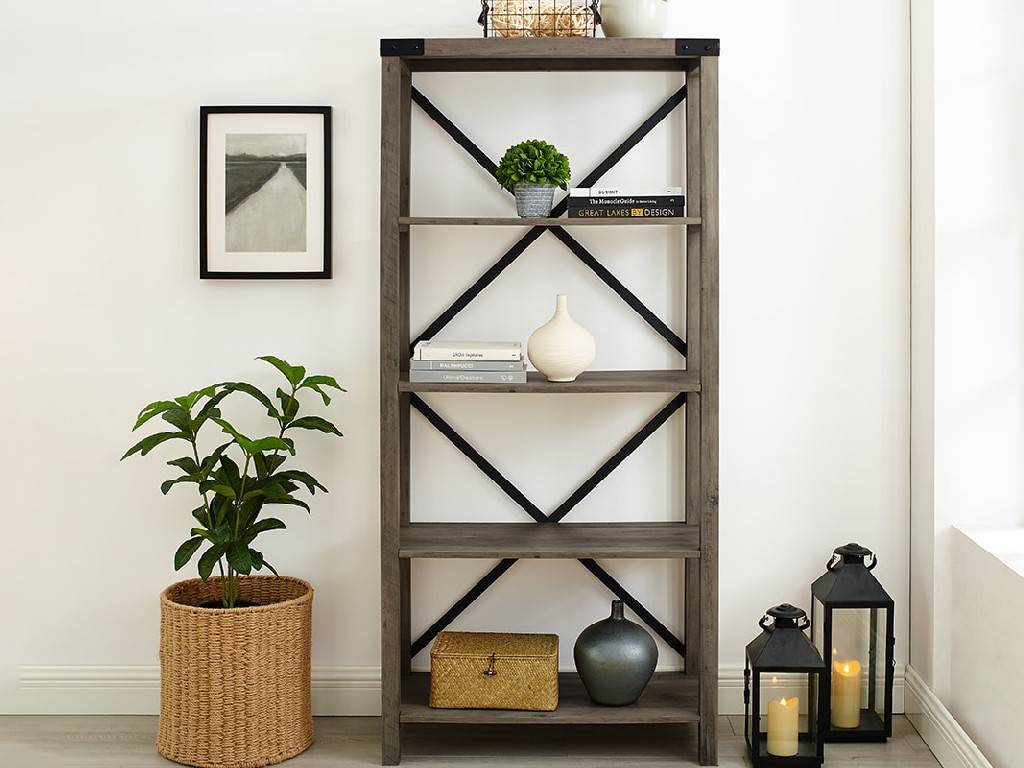 64" Farmhouse Metal Bookcase in Grey Wash - Walker Edison pt879