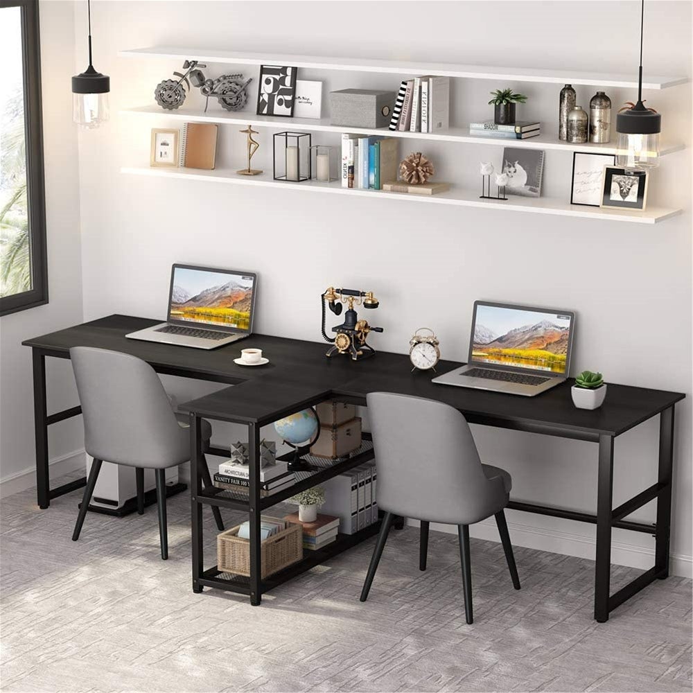 94.5 inch Computer Desk, Extra Long Two Person Desk with Storage Shelves - Black TTR329