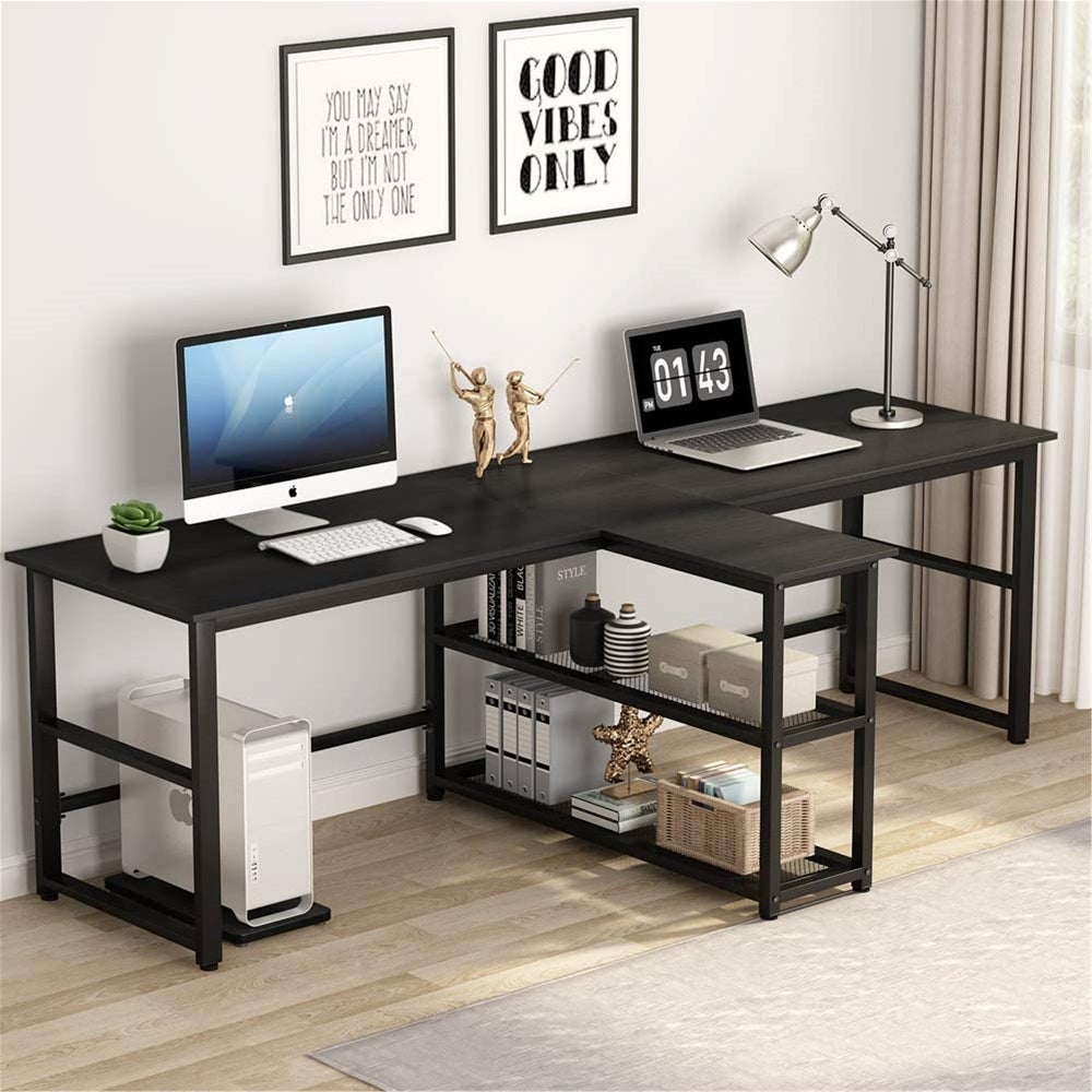 94.5 inch Computer Desk, Extra Long Two Person Desk with Storage Shelves - Black TTR329