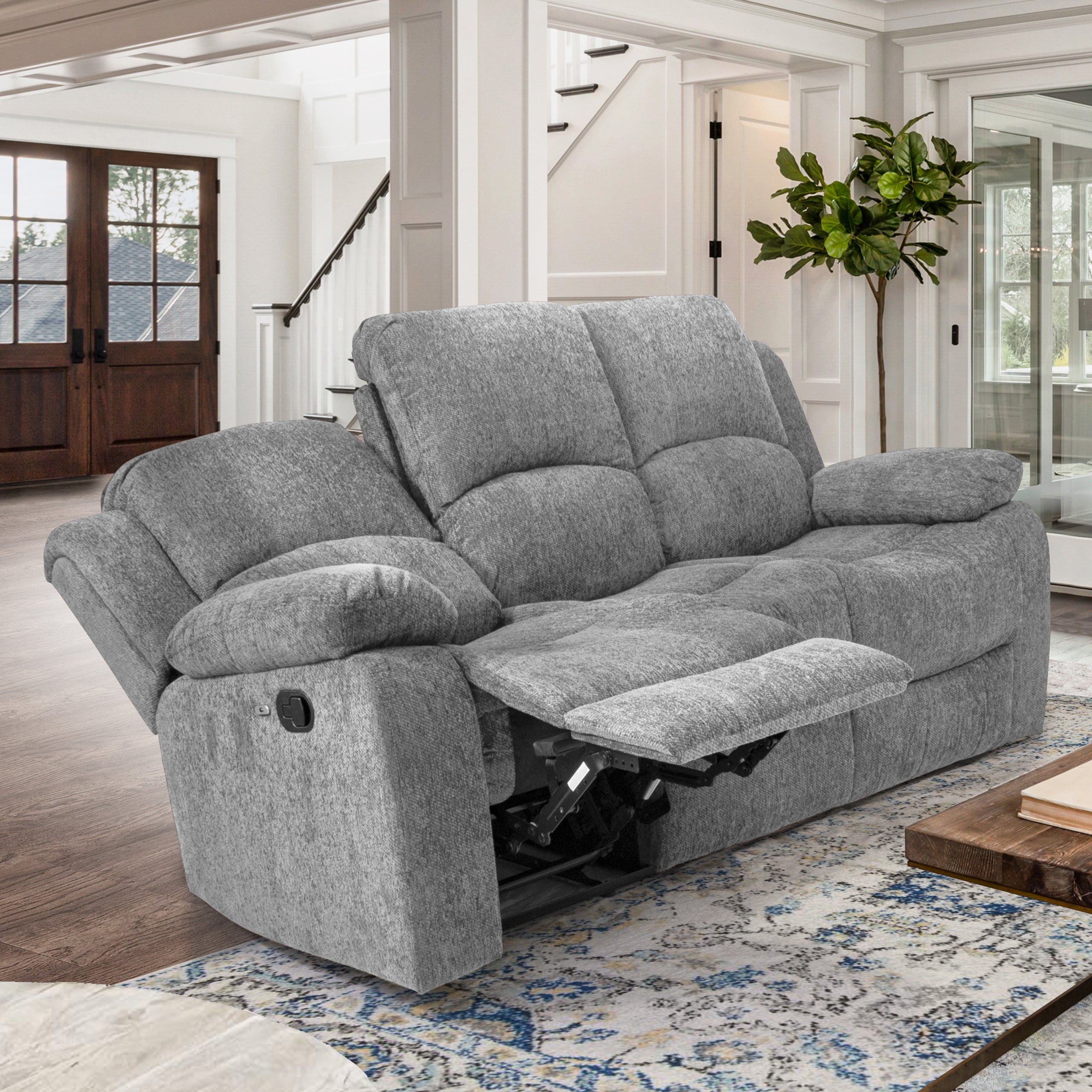 Chelsea Recliner Sofa with 2 Stainless Steal Cup Holders, Plush Fabric (Gray) - RM339