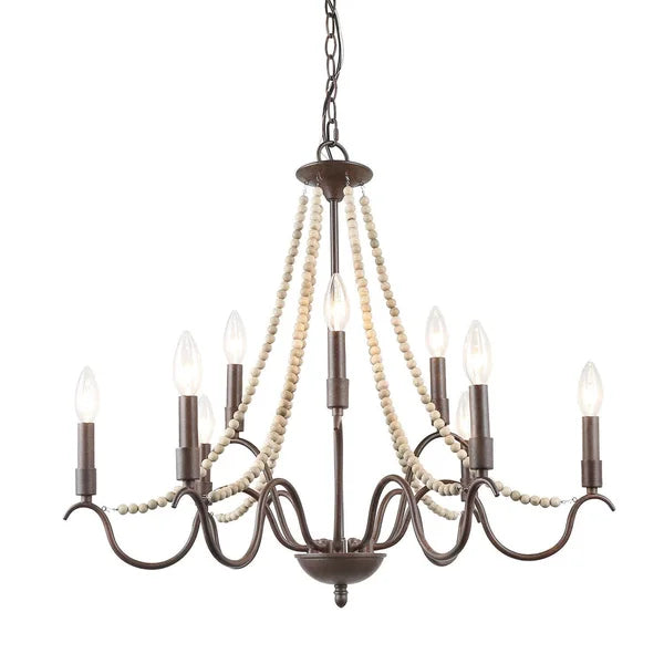 9 - Light Candle Style Classic Chandelier with Wood Accents
