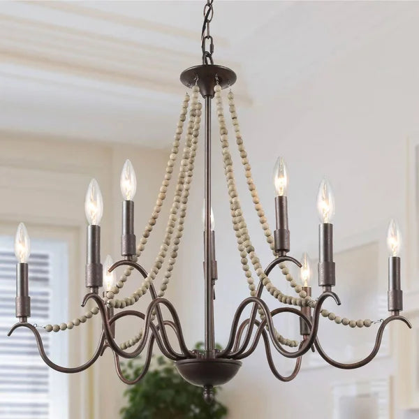 9 - Light Candle Style Classic Chandelier with Wood Accents