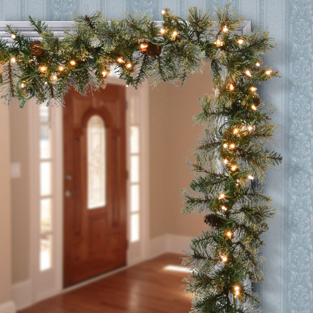 9' x 10" Pre-Lit Pine Cones and Glitter Embellished Artificial Christmas Garland - Clear Lights - Green