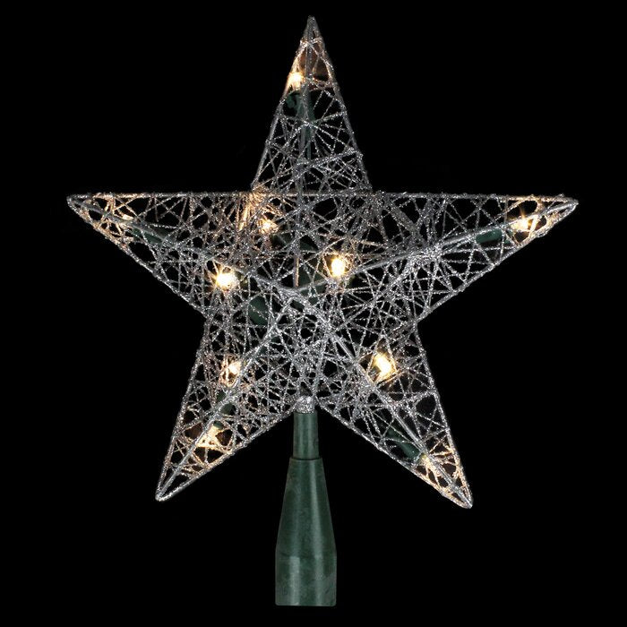 9" Lighted Silver Wire Star Christmas Tree Topper- Clear Led Lights LS126