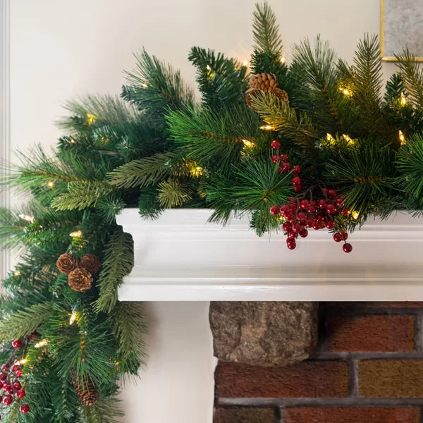 9' Cone & Berry Pre-Lit Garland with 100 Warm White Lights