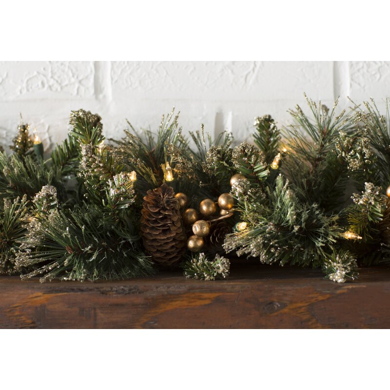 9' Glittery Faux Pine Garland with 100 Clear/White Lights KB192