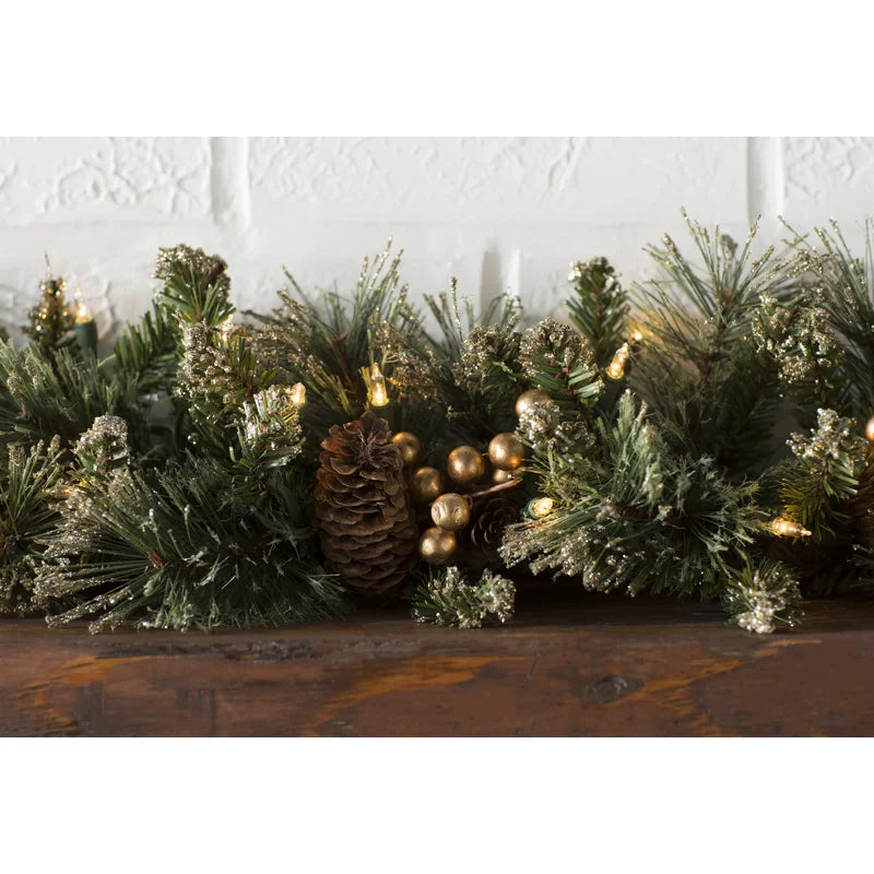 9' Glittery Faux Pine Garland with 100 Clear/White Lights