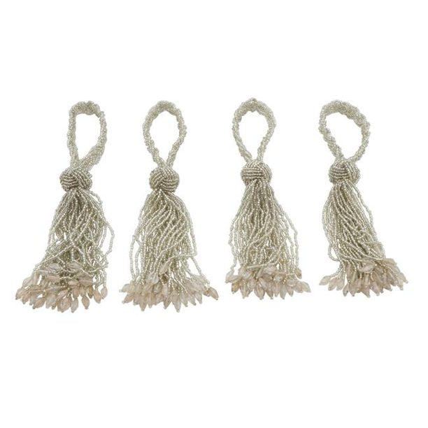 Beaded Drop Tassel Napkin Ring Silver - Set of 4