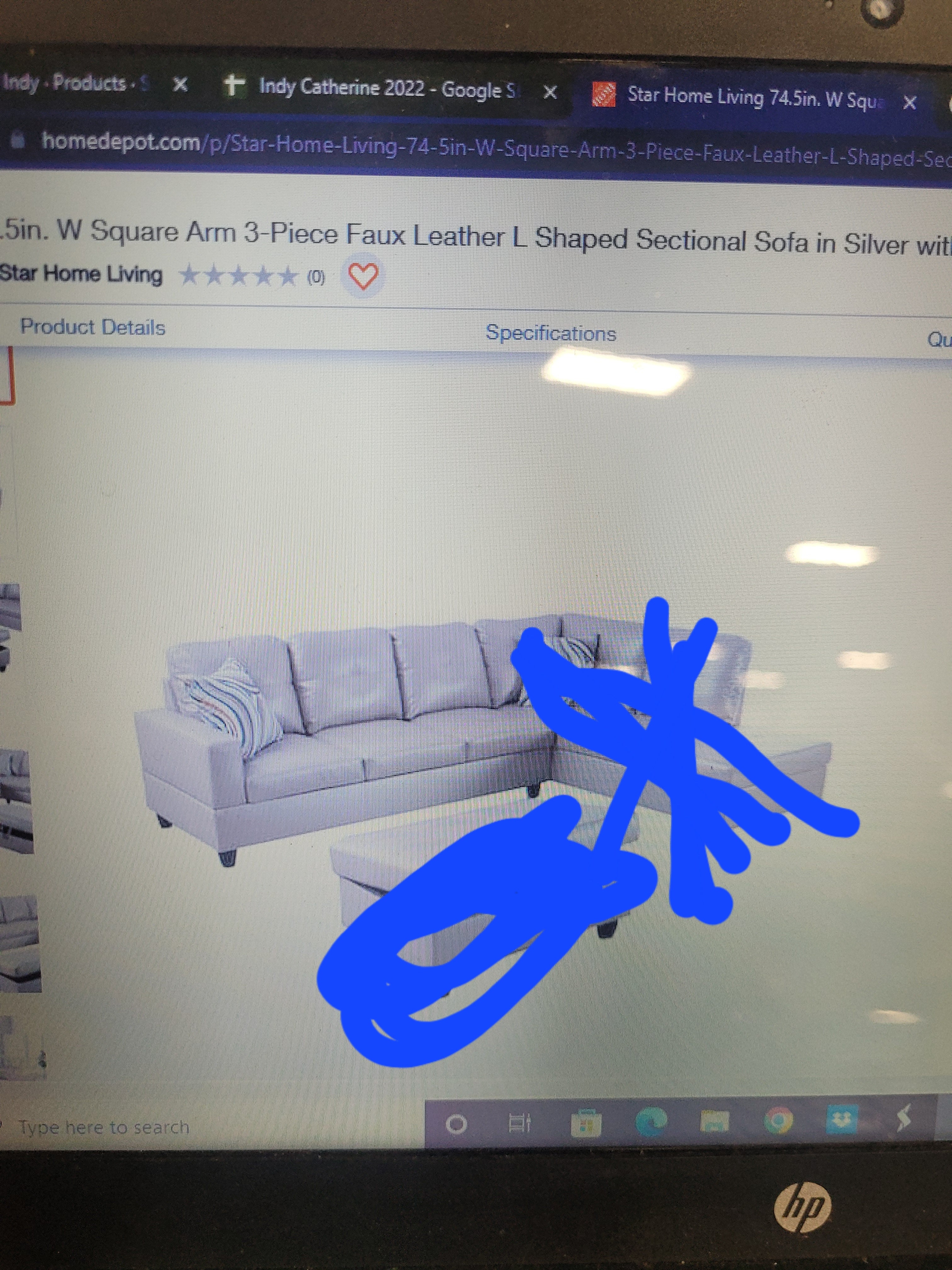 74.5in. W Square Arm 3-Piece Faux Leather L Shaped Sectional Sofa in Silver with Ottoman