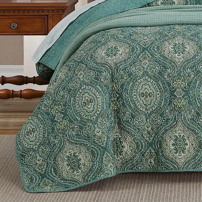 Turtle Cove Collection - Quilt Set - 100% Cotton, Reversible Bedding with Matching Sham, Pre-Washed for Added Softness, Full/Queen, Green (Set of 3)