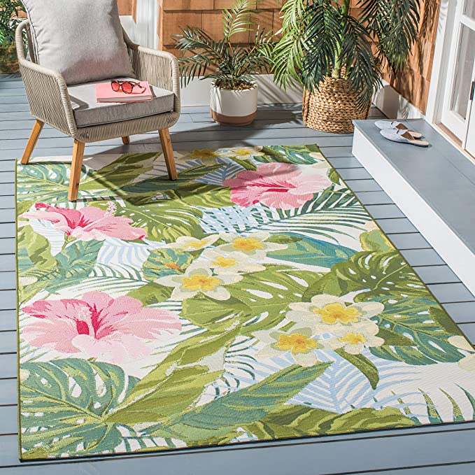 Barbados Collection Tropical Floral Indoor/ Outdoor Non-Shedding Easy Cleaning Patio Backyard Porch Deck Mudroom Accent Area Rug, 3'3" x 5'3", Green / Pink