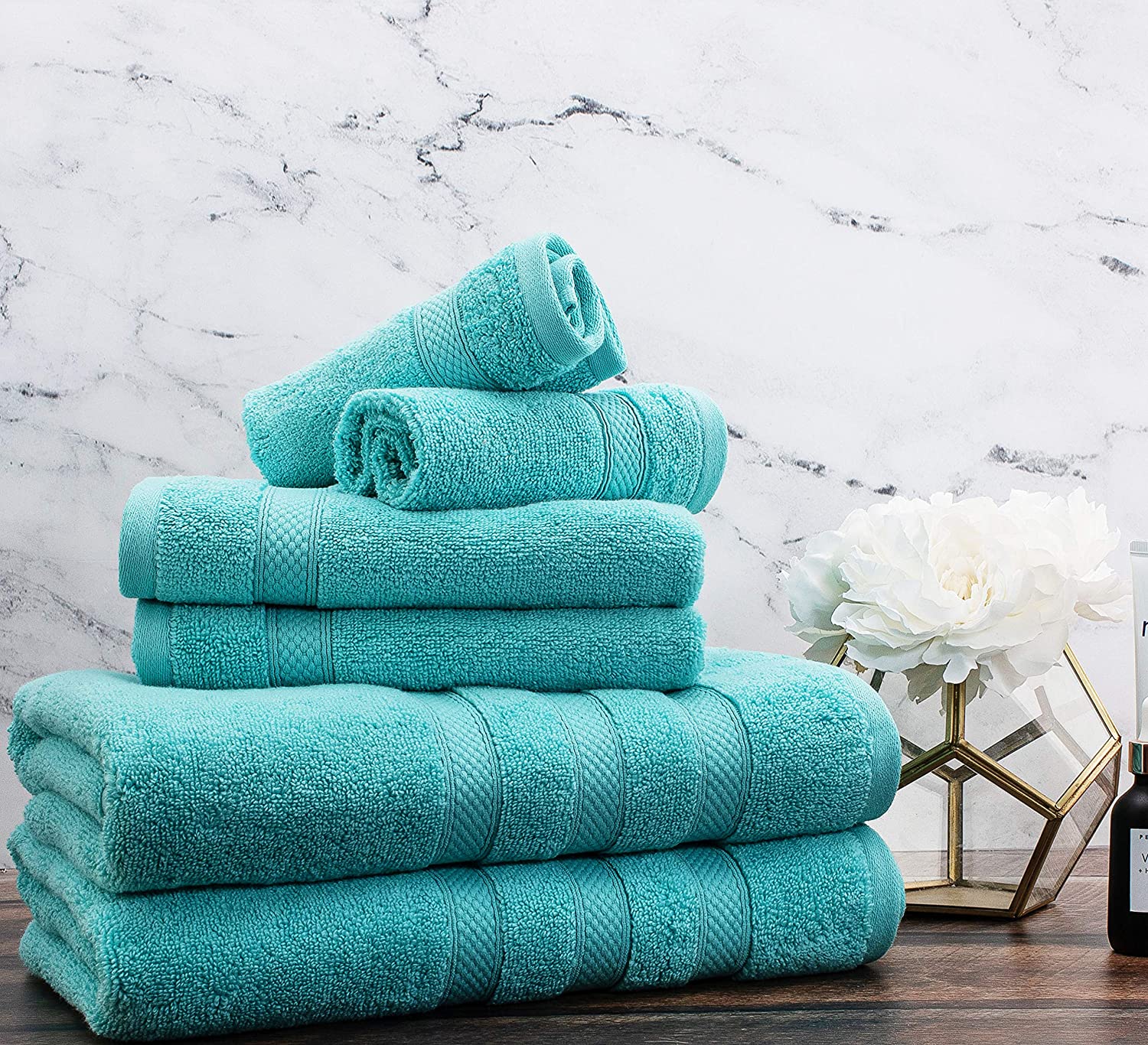 Weavely Towels - Teal Aqua Bath Towel Set of 6 Piece 100% Cotton Zero Twist Soft Luxurious and Highly Absorbent Hotel & Premium Spa Quality Towels 600 GSM 2X Bath Towels 2X Hand Towels 2X Wash Cloths B82-KS296