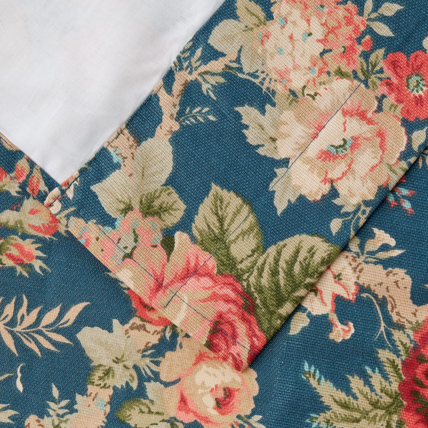 Waverly Sanctuary Rose Ascot Layered Valance Rod Pocket Window Curtains for Kitchen or Bathroom, 52" x 16", Heritage Blue