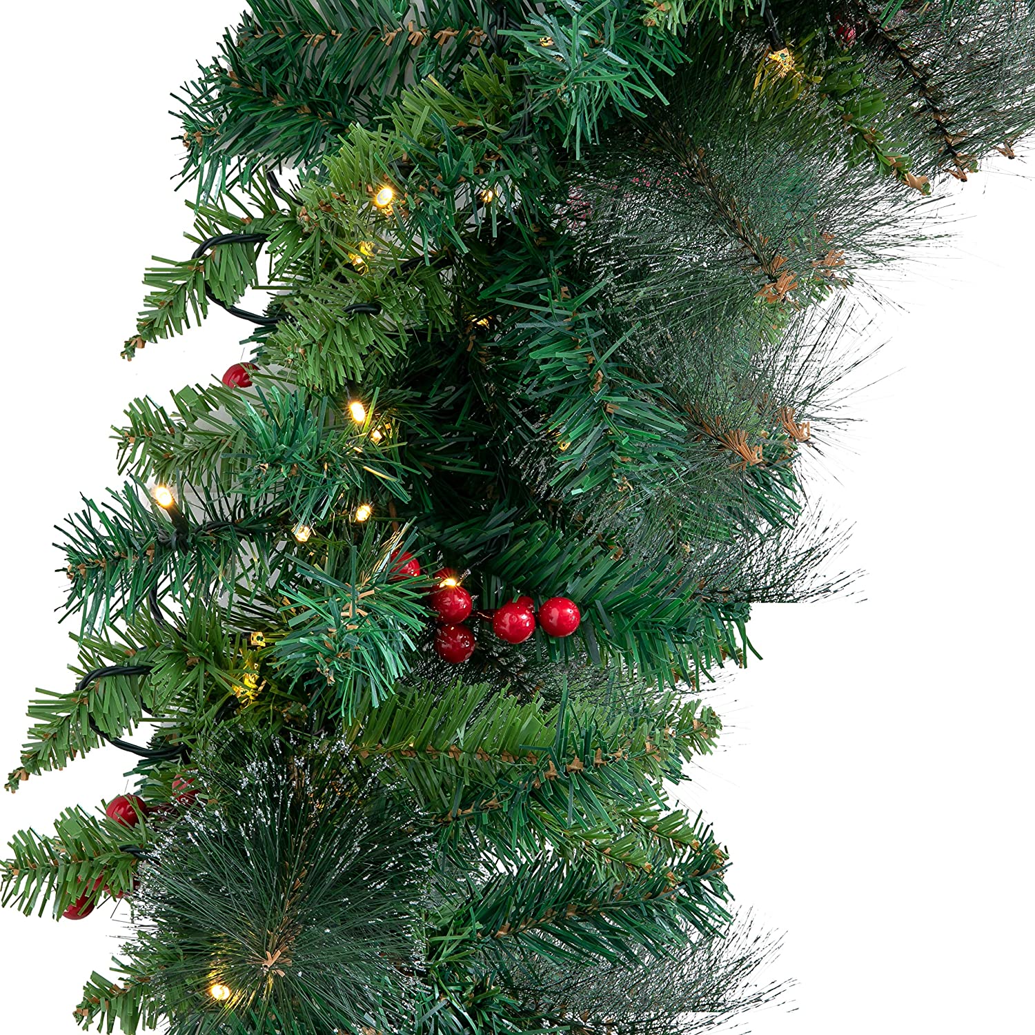 9 Ft Prelit Christmas Garland with 100 Warm White Lights & red berries, Artificial Garland for Christmas Holiday Season Decorations