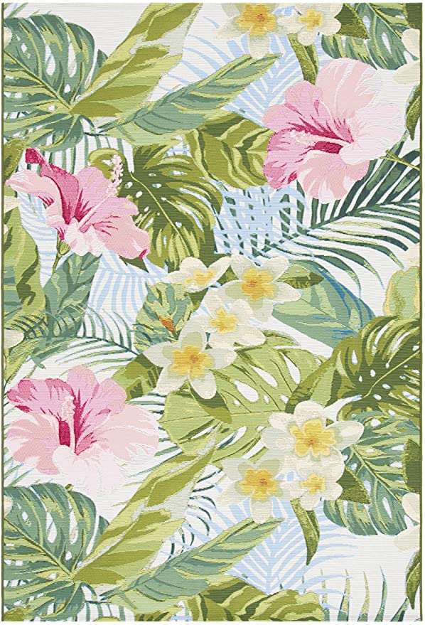 Barbados Collection Tropical Floral Indoor/ Outdoor Non-Shedding Easy Cleaning Patio Backyard Porch Deck Mudroom Accent Area Rug, 3'3" x 5'3", Green / Pink