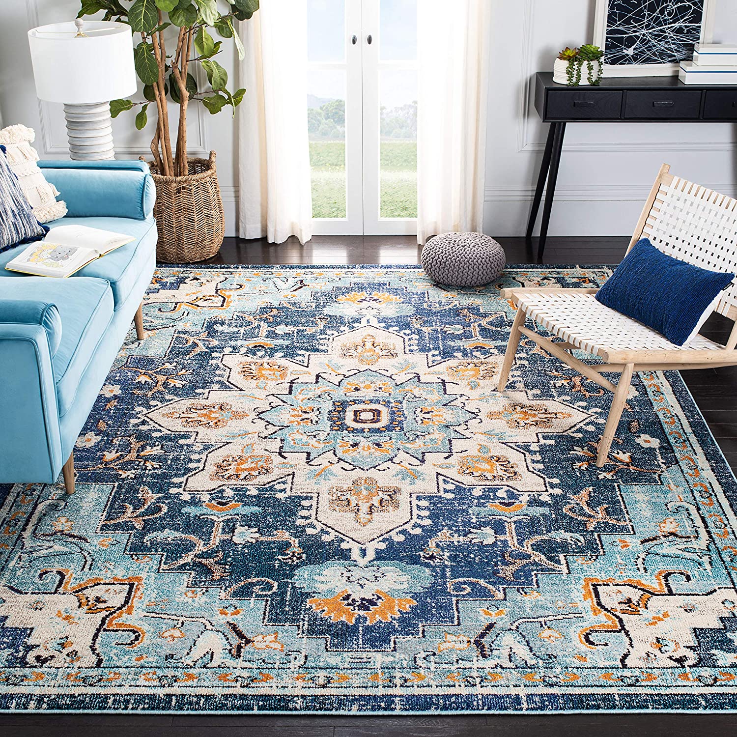 Madison Collection 12' x 15' Blue / Light Blue MAD473M Boho Chic Medallion Distressed Non-Shedding Living Room Bedroom Dining Home Office Area Rug