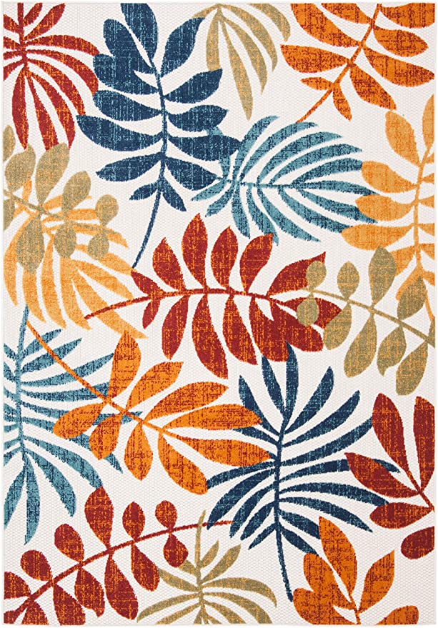 4' x 6' Cream / Red Botanical Indoor/ Outdoor Non-Shedding Easy Cleaning Patio Backyard Porch Deck Mudroom Accent Rug