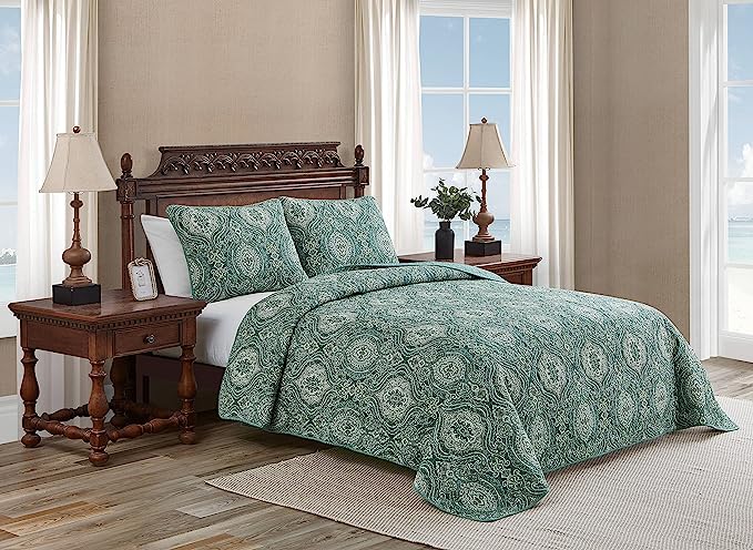 Turtle Cove Collection - Quilt Set - 100% Cotton, Reversible Bedding with Matching Sham, Pre-Washed for Added Softness, Full/Queen, Green (Set of 3)