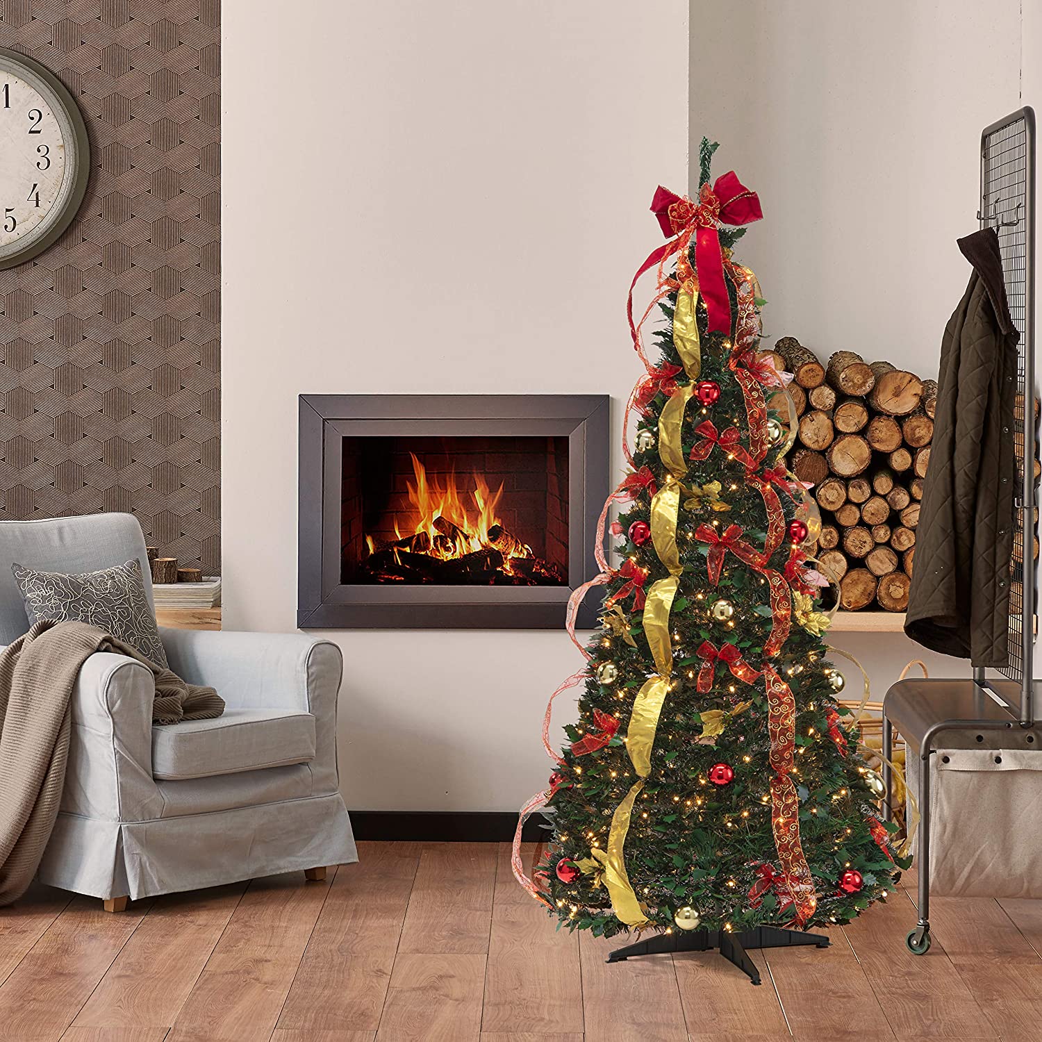6 Ft Pre-Lit Pre-Decorated Christmas Tree Easy Assembly Pull Up Pop Out Christmas Tree with Decorations, 350 Warm Lights, and Stand