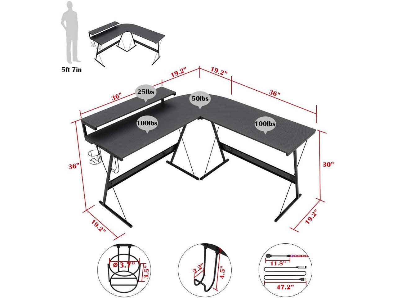Bestier 55.2" Gaming Desk Racing Style PC Computer Desk L-Shaped Desk Corner Home Office Table with Ergonomic Monitor Stand & RGB Strip Light & Multifunctional Hook (Black Carbon Fiber)