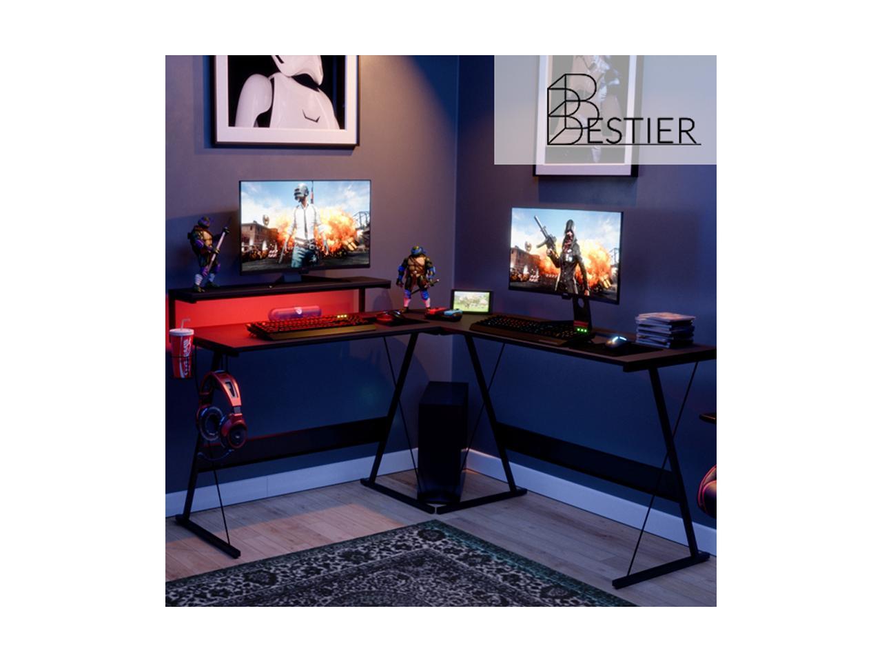 Bestier 55.2" Gaming Desk Racing Style PC Computer Desk L-Shaped Desk Corner Home Office Table with Ergonomic Monitor Stand & RGB Strip Light & Multifunctional Hook (Black Carbon Fiber)
