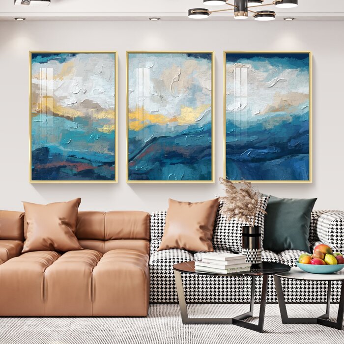 16.3" H x 36.3" W x 1.65" D Abstract Scenery Aluminum Framed Wall Art - 3 Piece Floater Frame Print on Canvas