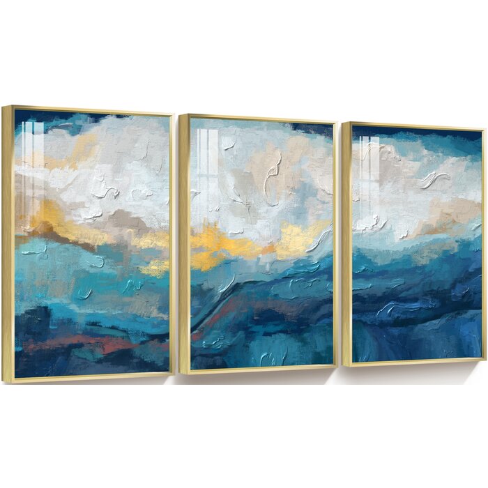 16.3" H x 36.3" W x 1.65" D Abstract Scenery Aluminum Framed Wall Art - 3 Piece Floater Frame Print on Canvas