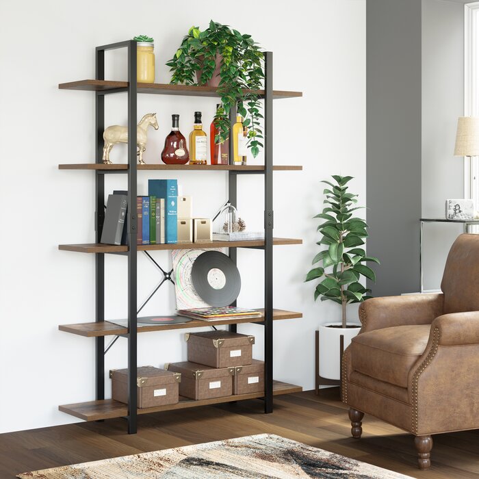 5 shelves（70"H X 47.2"W X 11.4"D) Brown Ackles 69.7"H x 47.2"W Steel Etagere Bookcase