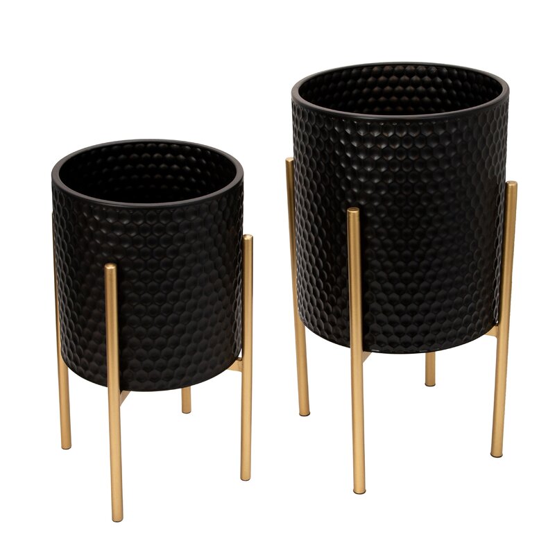 Black/Gold Aiken 2 - Piece Iron Pot Planter Set (Set of 2)