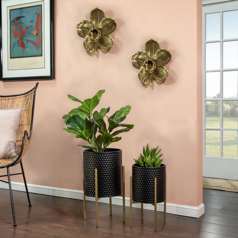 Black/Gold Aiken 2 - Piece Iron Pot Planter Set (Set of 2)