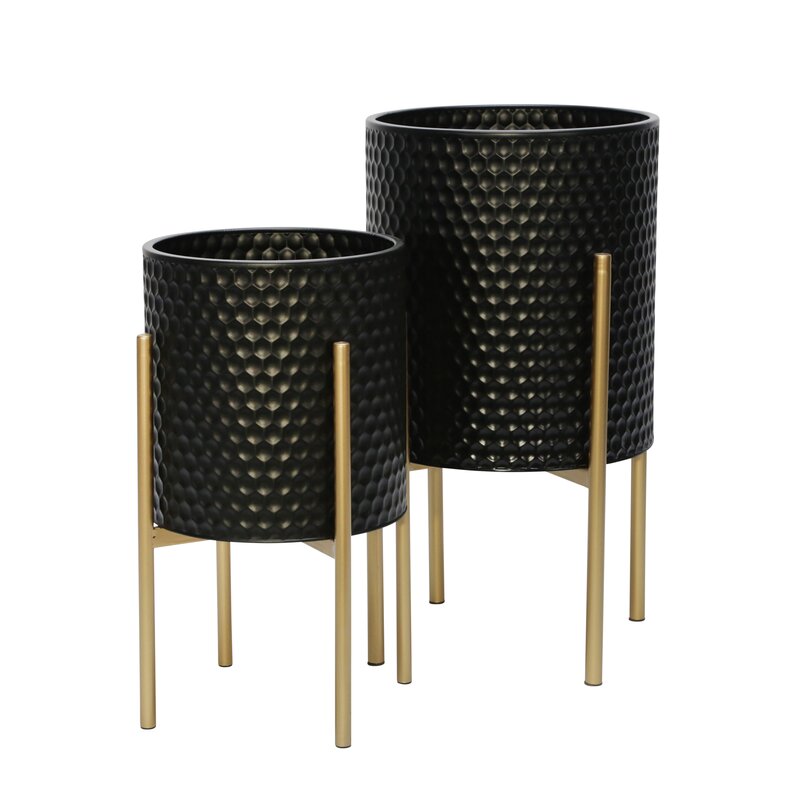 Black/Gold Aiken 2 - Piece Iron Pot Planter Set (Set of 2)
