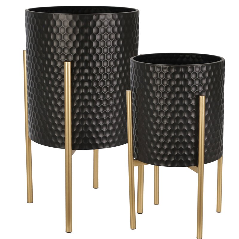 Black/Gold Aiken 2 - Piece Iron Pot Planter Set (Set of 2)
