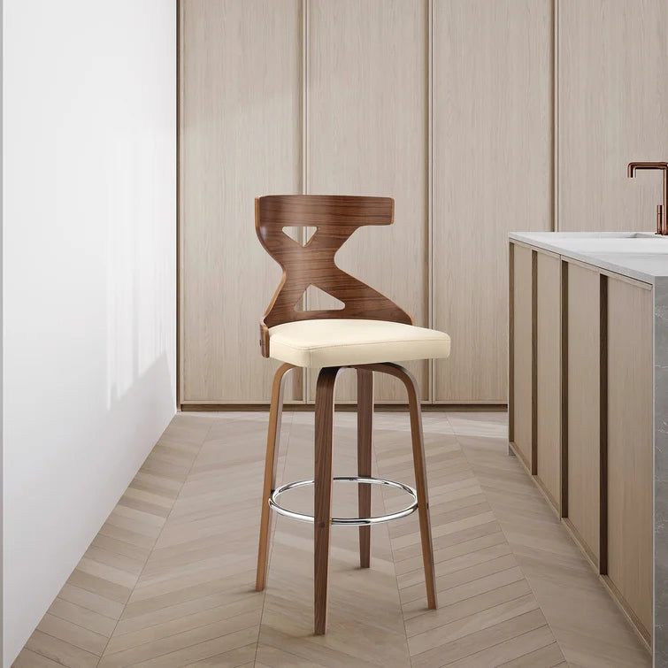 Beige Aljawhara Swivel Cross Back Cream Faux Leather And Walnut Wood, Counter Stool (26” Seat Height)