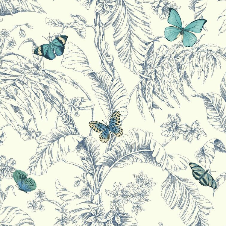 Blue/White Ashford Toiles 27 L x 27 Butterfly Removable Wallpaper