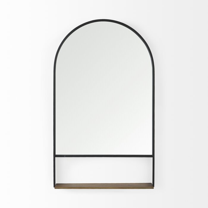 Ayana 24.0"L x 3.9"W x 40.0"H Black Metal Frame W/ Brown Wooden Shelf Arched Wall Mirror