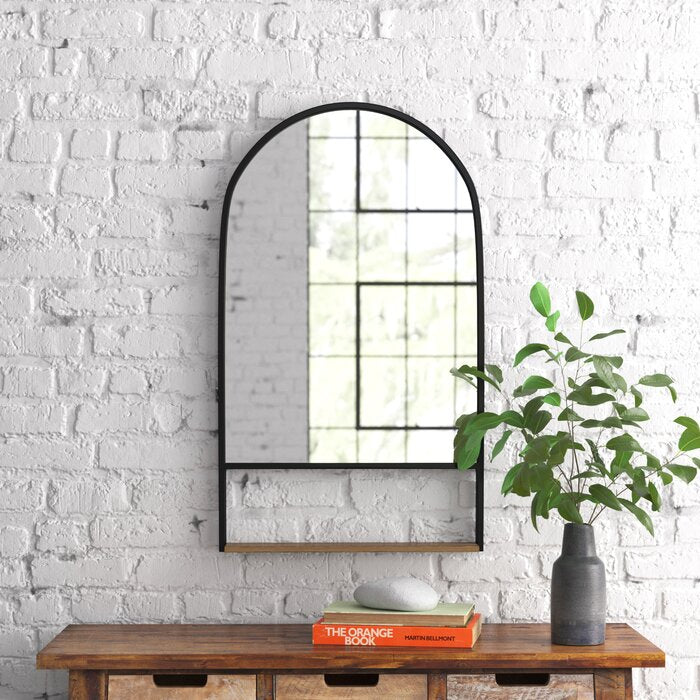 Ayana 24.0"L x 3.9"W x 40.0"H Black Metal Frame W/ Brown Wooden Shelf Arched Wall Mirror