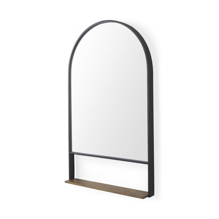 Ayana 24.0"L x 3.9"W x 40.0"H Black Metal Frame W/ Brown Wooden Shelf Arched Wall Mirror