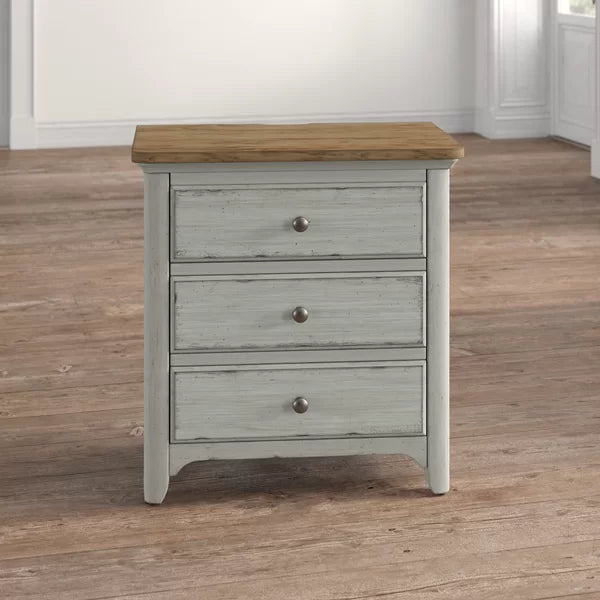 Ayden 30'' Tall 3 - Drawer Solid Wood Nightstand in Antique White/Chestnut