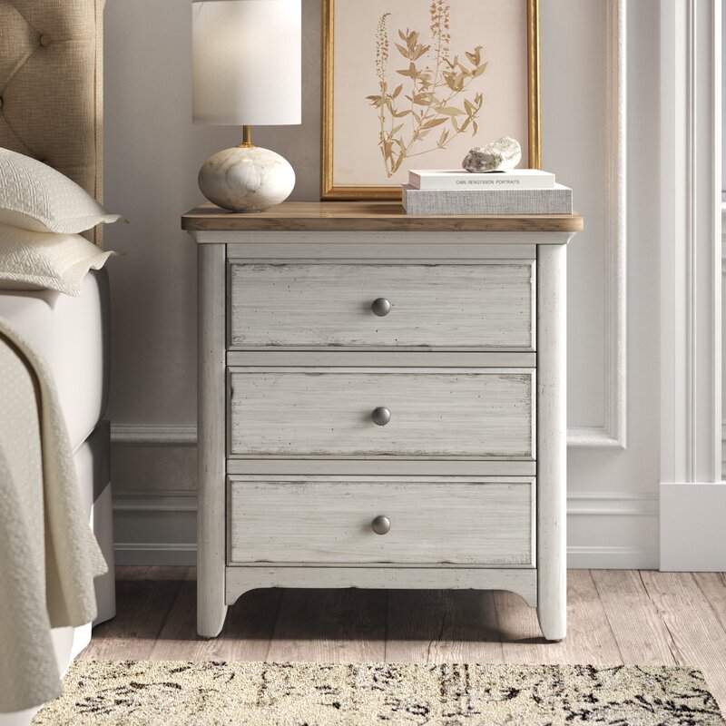 Ayden 3 - Drawer Solid Wood Nightstand in Antique White/Chestnut KB709