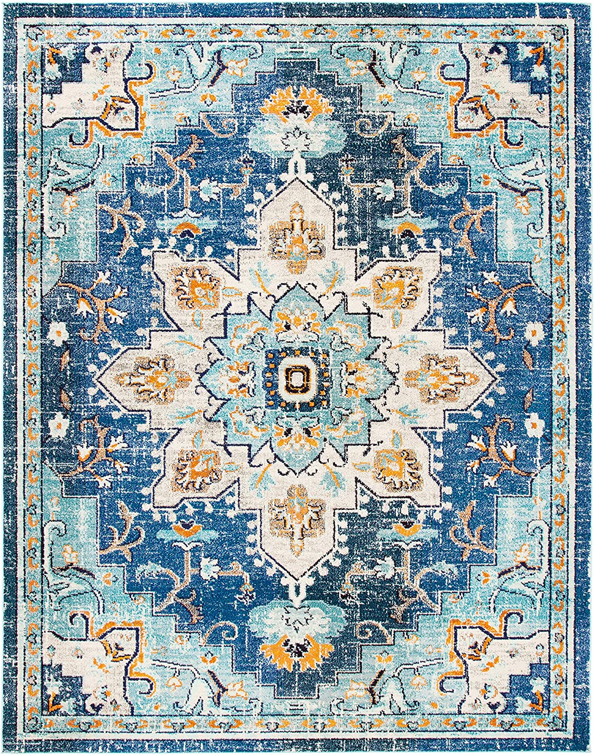 Madison Collection 12' x 15' Blue / Light Blue MAD473M Boho Chic Medallion Distressed Non-Shedding Living Room Bedroom Dining Home Office Area Rug