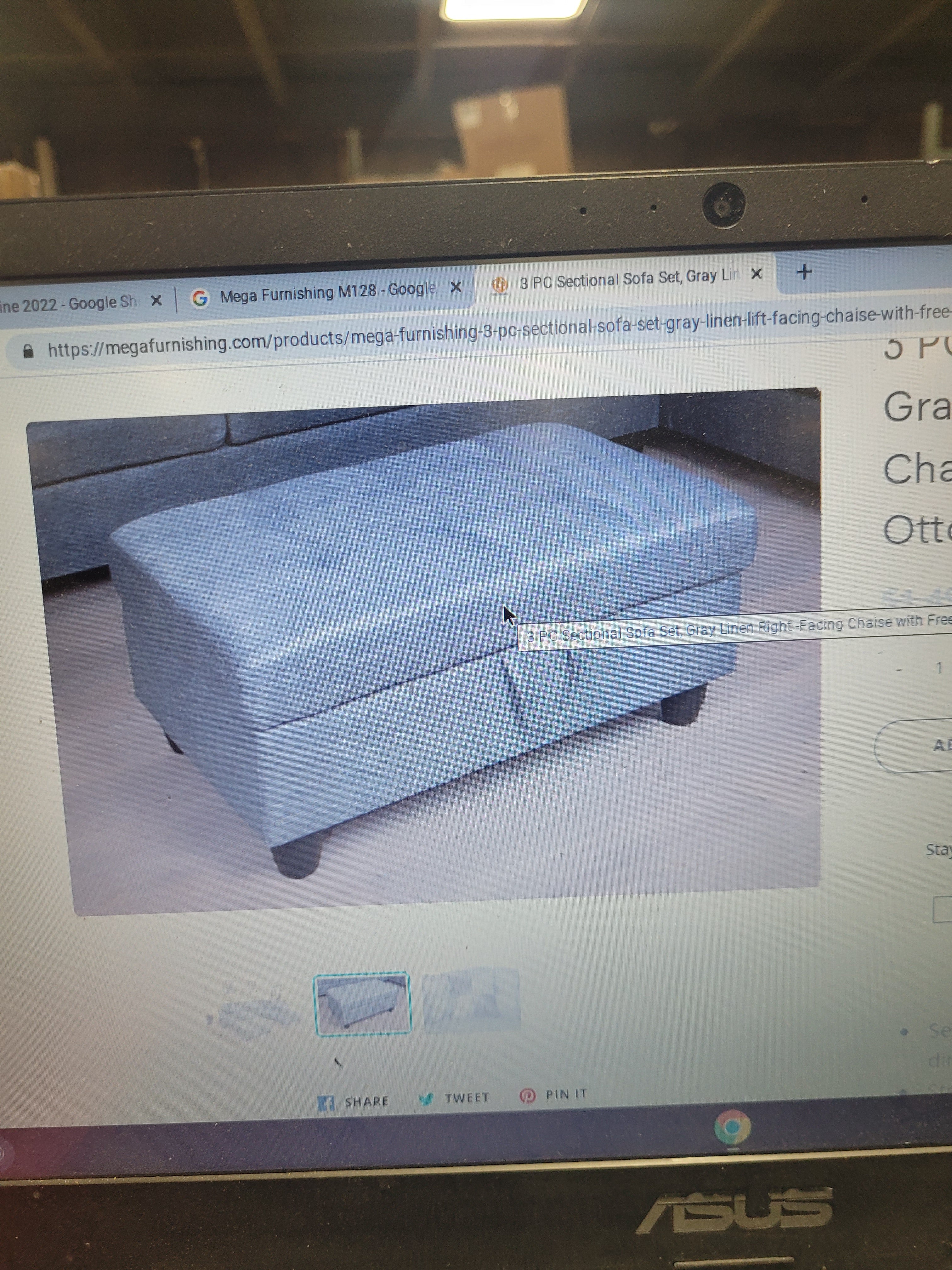 3 PC Sectional Sofa Set, Gray Linen Right -Facing Chaise with Free Storage Ottoman