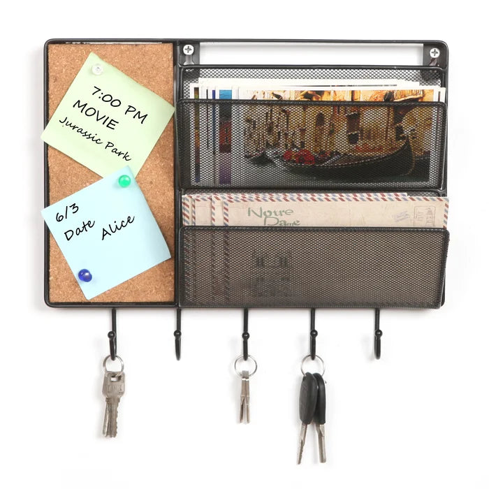 Barkhamsted Wall Mail Organizer with Key Hooks and Cork Board