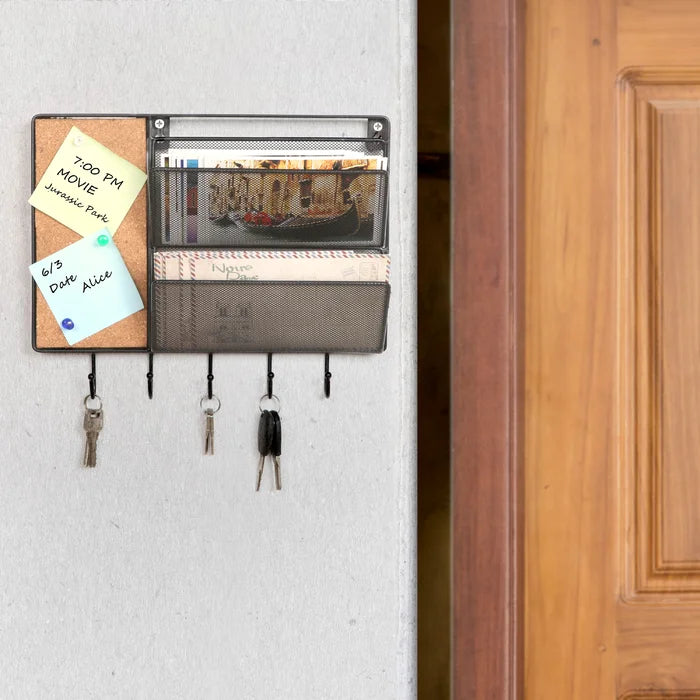 Barkhamsted Wall Mail Organizer with Key Hooks and Cork Board