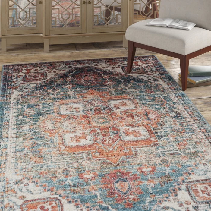 Basso Oriental Area Rug in Teal/Rust, Rectangle 7'3" x 9'2"