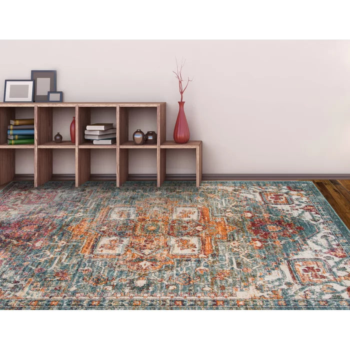 Basso Oriental Area Rug in Teal/Rust, Rectangle 7'3" x 9'2"