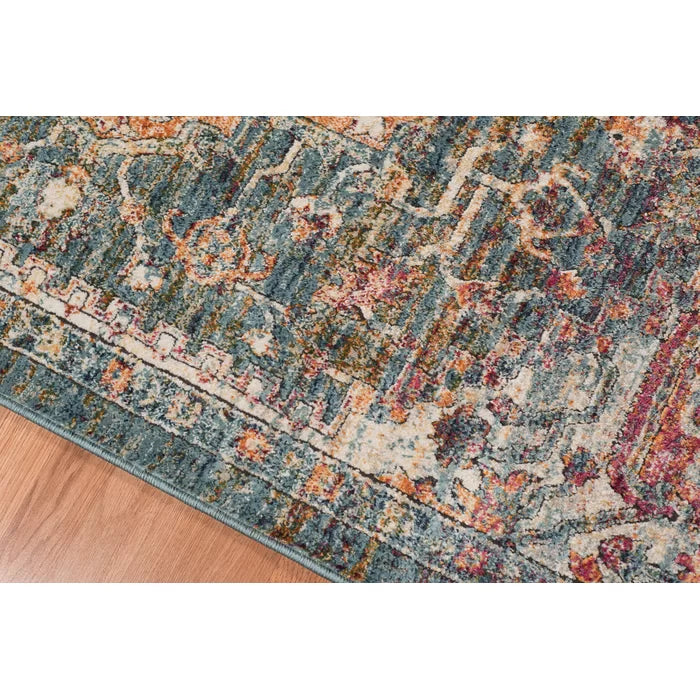 Basso Oriental Area Rug in Teal/Rust, Rectangle 7'3" x 9'2"