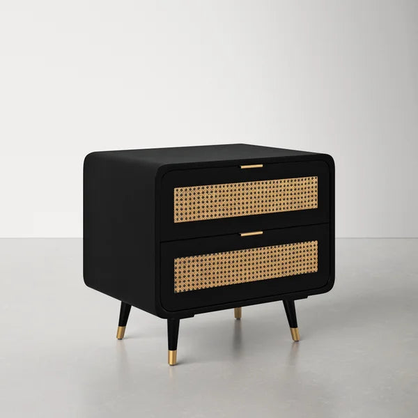Bates 24.4'' Tall 2 - Drawer Solid Wood Nightstand in Black/Natural/Brass