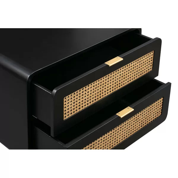 Bates 24.4'' Tall 2 - Drawer Solid Wood Nightstand in Black/Natural/Brass